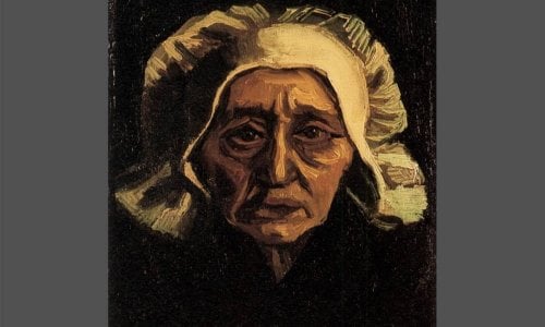 "Portrait of an Elderly Peasant Woman in a White Headscarf", 1884, December. The dimensions of the work are 36x29 cm, executed in oil on canvas